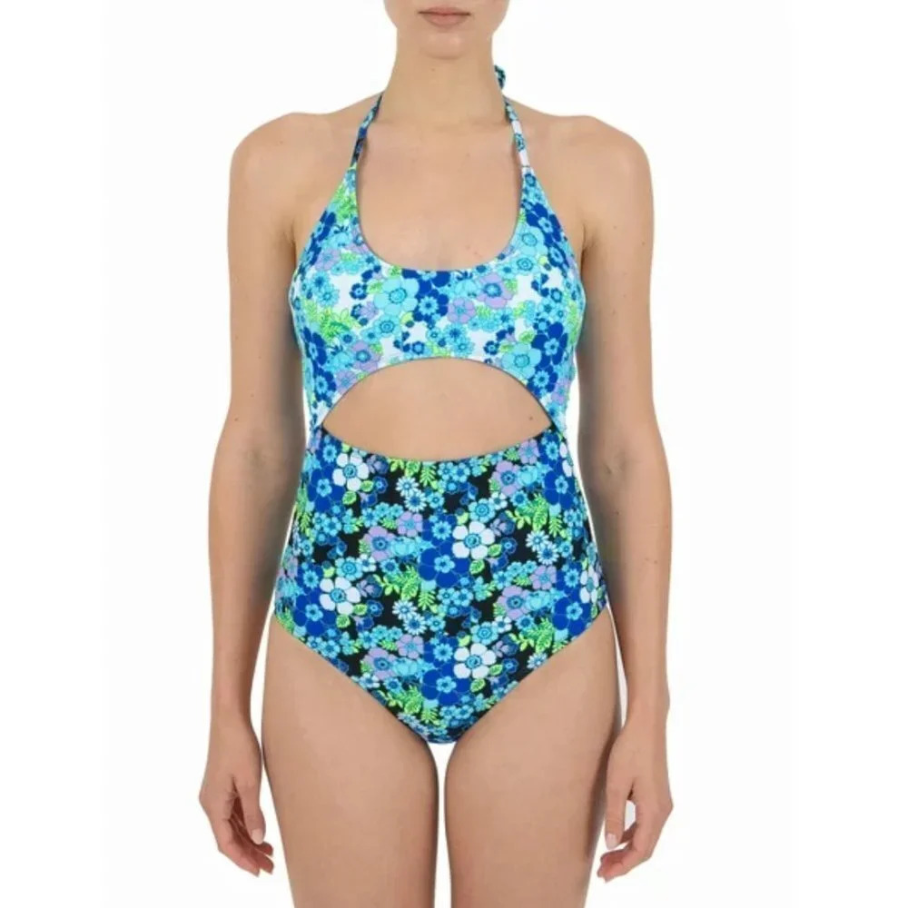 CYN & LUCA NWT Black Blue White Floral Front Cut Out One Piece Swimsuit Size L